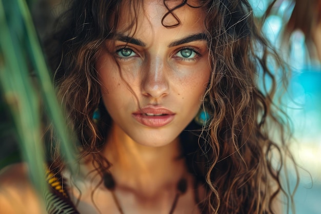 Beautiful young woman with curly hair posing near tropical plants