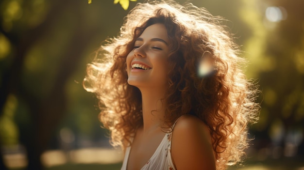 Beautiful young woman with curly hair smiling in nature on a sunny day