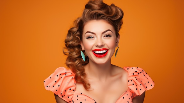 Beautiful young woman with curly hair smiling on orange background Pinup style