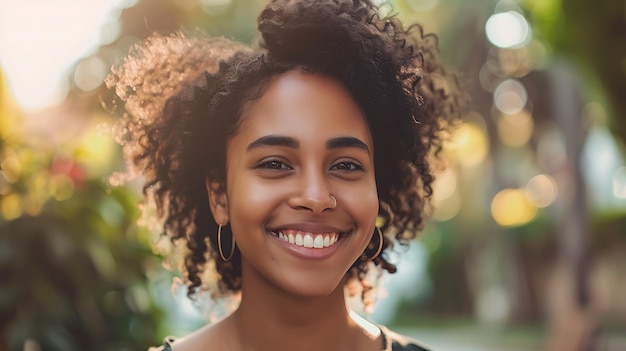 Beautiful young woman with curly hair smiling She is wearing a gold hoop earrings and a black Tshirt The background is blurred