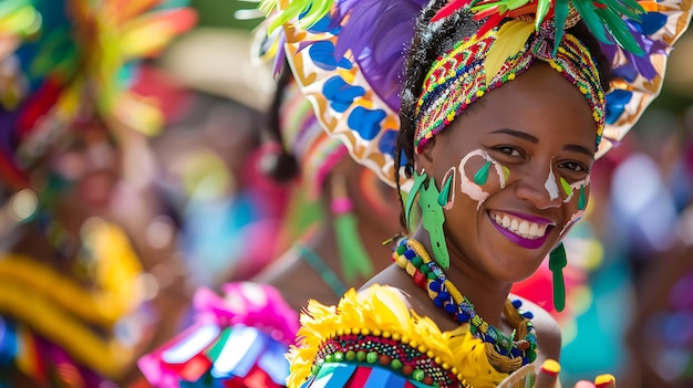 A beautiful young woman with dark skin and bright eyes is smiling at the camera