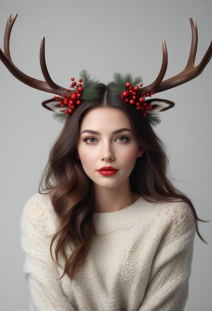 Beautiful young woman with deer horns on head Portrait of beautiful girl with makeup and red lips