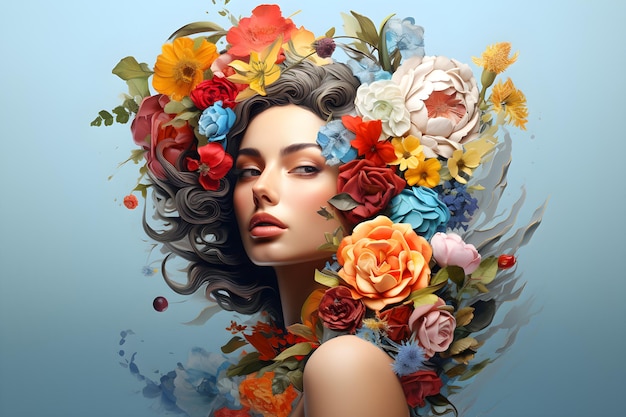 Beautiful young woman with flowers in her hair 3d rendering Ai Generated