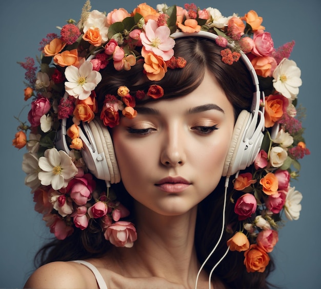 Beautiful young woman with flowers in her hair listening to music