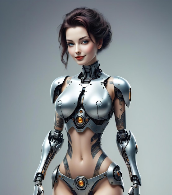 Beautiful young woman with futuristic robot body