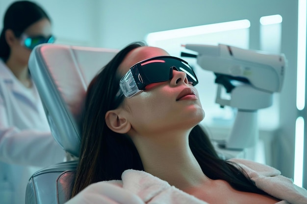 A beautiful young woman with glasses is lying in a laser hair removal salon