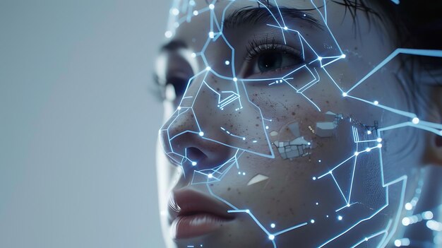 A beautiful young woman with a glowing blue circuit board pattern on her face She is looking to the side with a serious expression