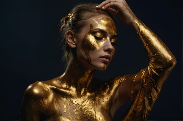 Photo beautiful young woman with golden paint on her body against dark background