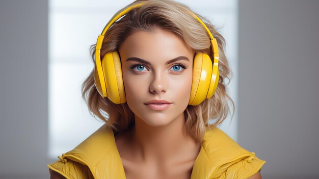 A beautiful young woman with headphones listening to music