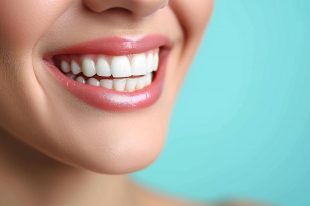 Beautiful young woman with healthy teeth on color background closeup