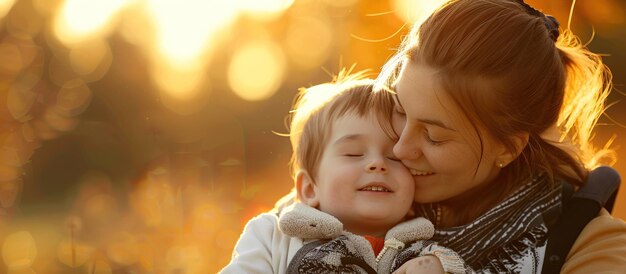 Photo beautiful young woman with her adorable little son at sunny park or meadow in sunset