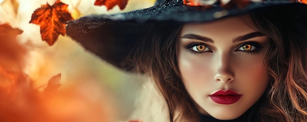 Beautiful young woman with intense eyes is wearing a witch hat and posing in an autumn forest