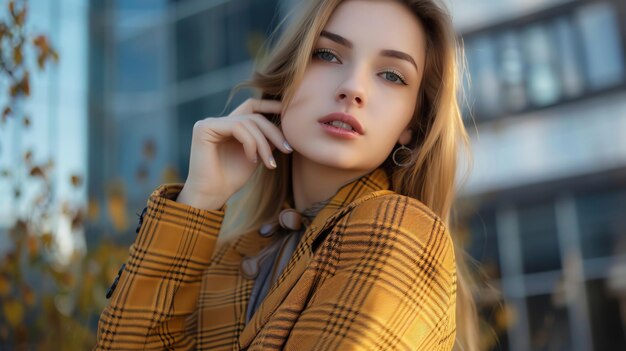 A beautiful young woman with long blonde hair wearing a yellow plaid jacket looking confidently at the camera