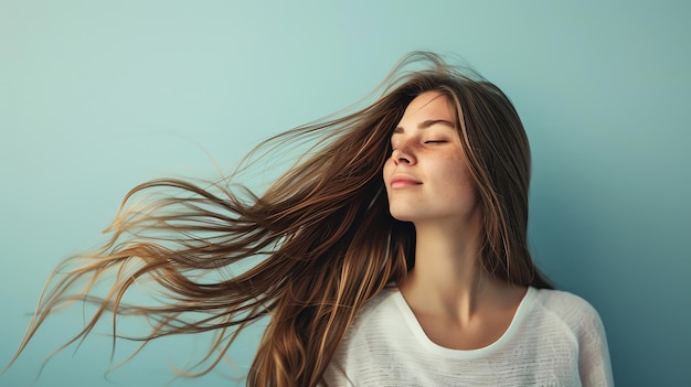 Photo a beautiful young woman with long brown hair enjoys the breeze as her hair flows freely