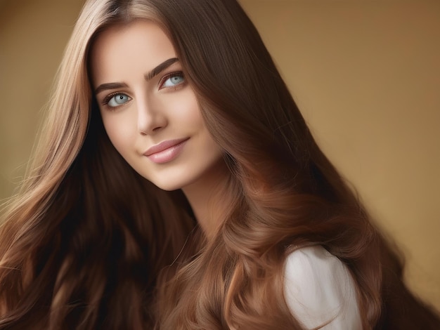 Beautiful young woman with long brown hair looking at camera