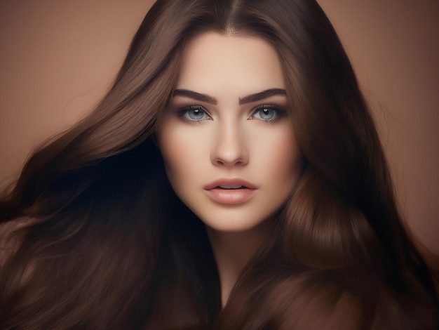 A beautiful young woman with long brown hair looking at camera