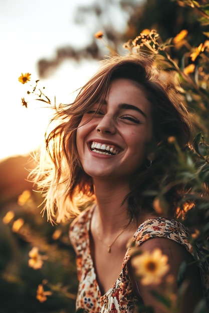 Beautiful young woman with long brown hair smiling and dancing in a field of yellow flowers