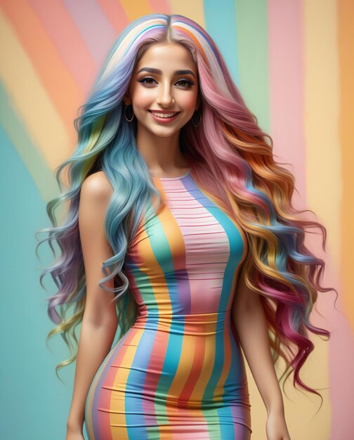 Beautiful young woman with long colorful hair on a colorful background