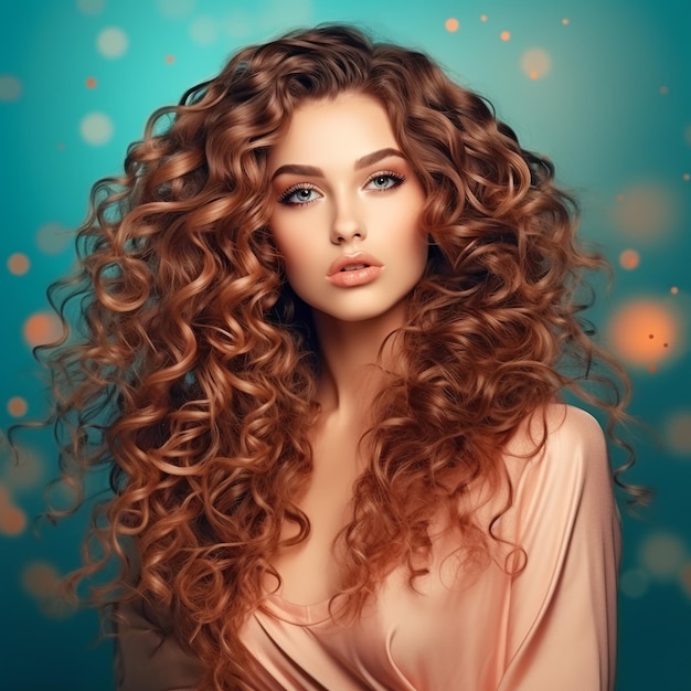 Beautiful young woman with long curly hair Portrait of a fashion model with makeup and hairstyle