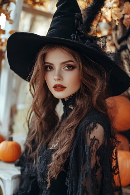 Photo beautiful young woman with long curly hair wearing a witch costume posing in a halloween setting