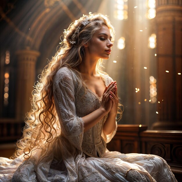 Beautiful young woman with long curly hair in a white dress in the interior of the church