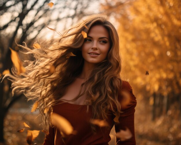 beautiful young woman with long hair blowing in autumn leaves