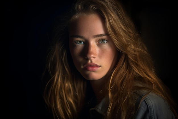 A beautiful young woman with long hair and blue eyes