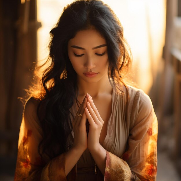 Beautiful young woman with long hair in the desert at sunset