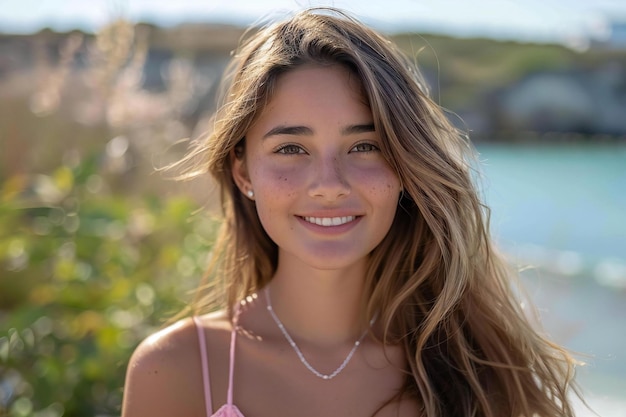 A beautiful young woman with long hair smiling at the camera standing outdoors