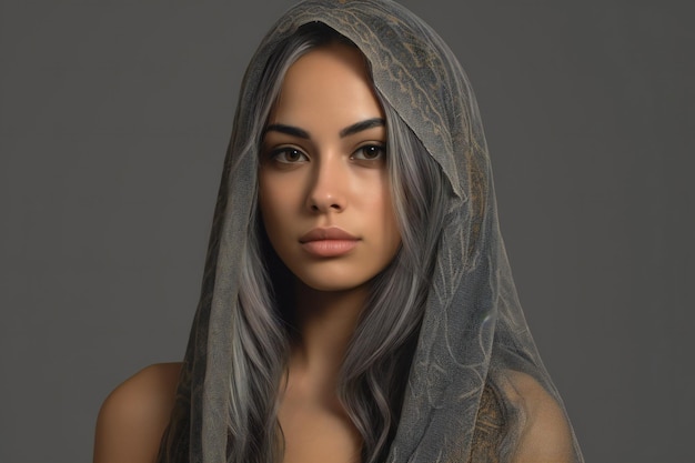 Beautiful young woman with long hair in a veil on a gray background