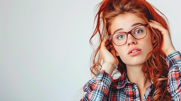 Photo beautiful young woman with long red hair and freckles wearing glasses and a plaid shirt looking at the camera and smiling