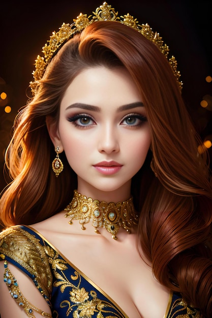 Beautiful young woman with long red hair Portrait of a girl in a golden crown