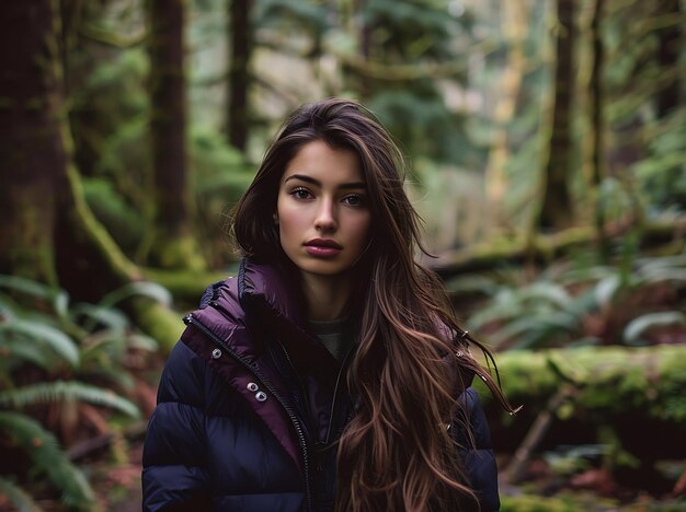 Photo a beautiful young woman with long straight brown hair wearing an oversized purple and black puffer jacket standing in the middle of forest