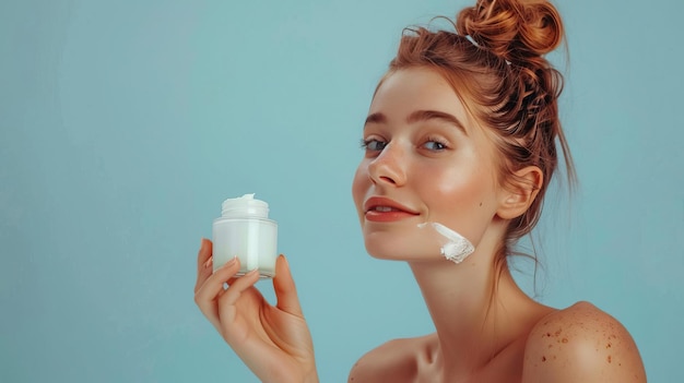 A beautiful young woman with perfect skin applying skincare cream Set against a pale blue background