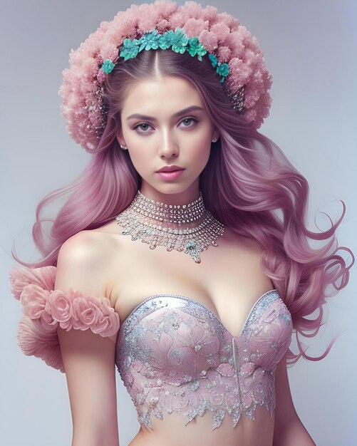 Beautiful young woman with pink hair and a crown of flowers in her hair