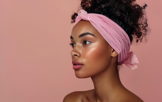 beautiful young woman with pink headscarf and soft makeup looking away