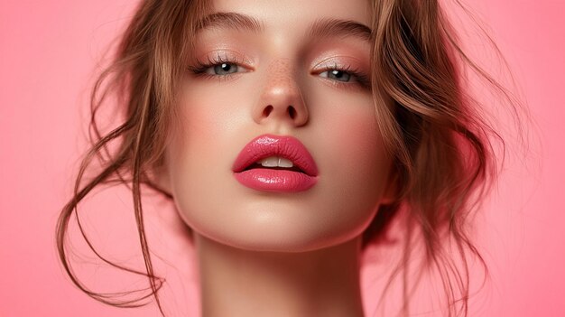 Photo beautiful young woman with pink lipstick on colorful background