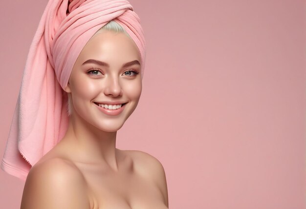 Beautiful young woman with pink towel on her head Perfect skin