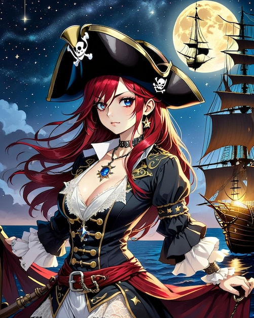 beautiful young woman with pirate costume and a captain on the beach background