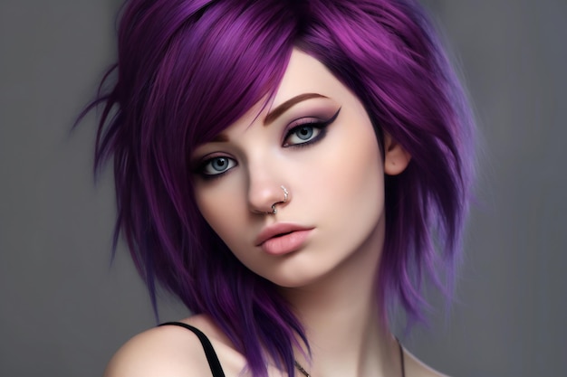 Beautiful young woman with purple hair and stylish makeup