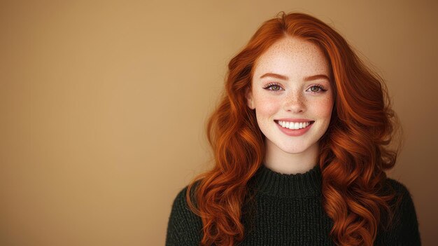 Photo beautiful young woman with red hair and freckles smiling