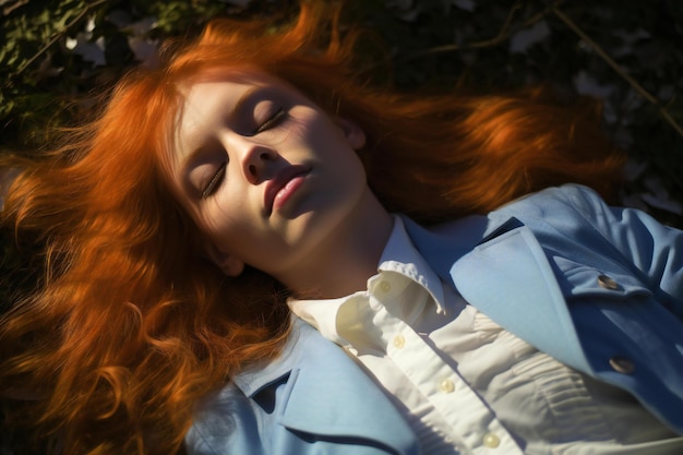 Beautiful young woman with red hair lying on the grass in the park