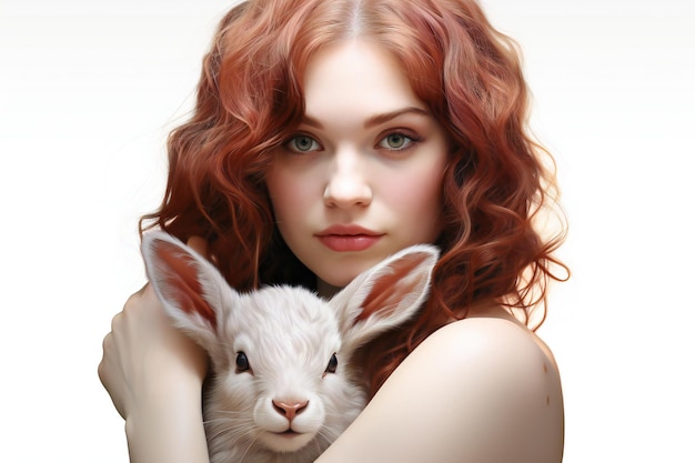 Beautiful young woman with red hair and white rabbit on white background