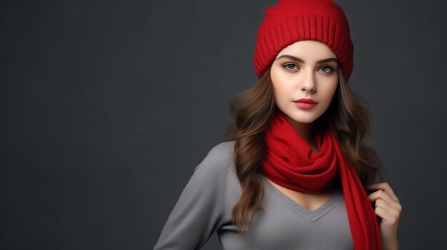 Photo beautiful young woman with red hat and scarf with copy space on a grey background