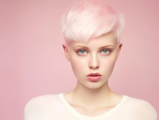 Beautiful young woman with short hair pink tinted hair Hairdressing and makeup concept Generative ai