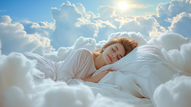 Beautiful young woman with a smile sleeps on a bed with a soft white dazzling blanket and pillows that float in the clouds against the background of a blue bright sky