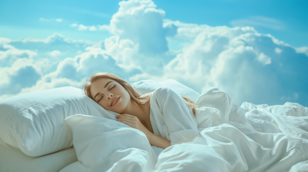 Beautiful young woman with a smile sleeps on a bed with a soft white dazzling blanket and pillows that float in the clouds against the background of a blue bright sky