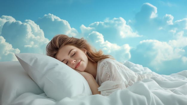 Beautiful young woman with a smile sleeps on a bed with a soft white dazzling blanket and pillows that float in the clouds against the background of a blue bright sky