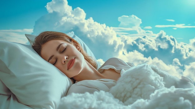 Beautiful young woman with a smile sleeps on a bed with a soft white dazzling blanket and pillows that float in the clouds against the background of a blue bright sky