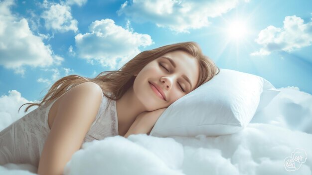 Beautiful young woman with a smile sleeps on a bed with a soft white dazzling blanket and pillows that float in the clouds against the background of a blue bright sky